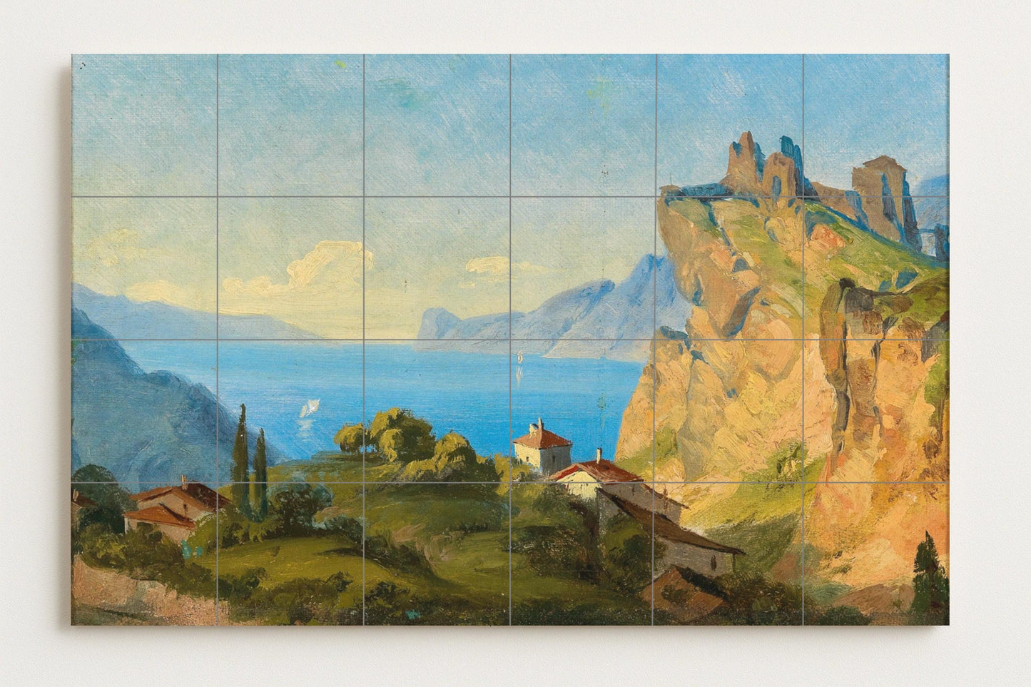 Garda Lake tile mural • Wall art with Italian landscape • Panel with romantic lake view • Ceramic decoration with houses and sailboats on cliffs