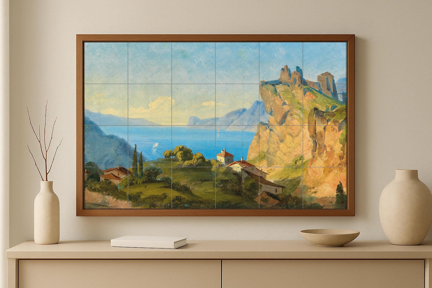 Garda Lake tile mural • Wall art with Italian landscape • Panel with romantic lake view • Ceramic decoration with houses and sailboats on cliffs