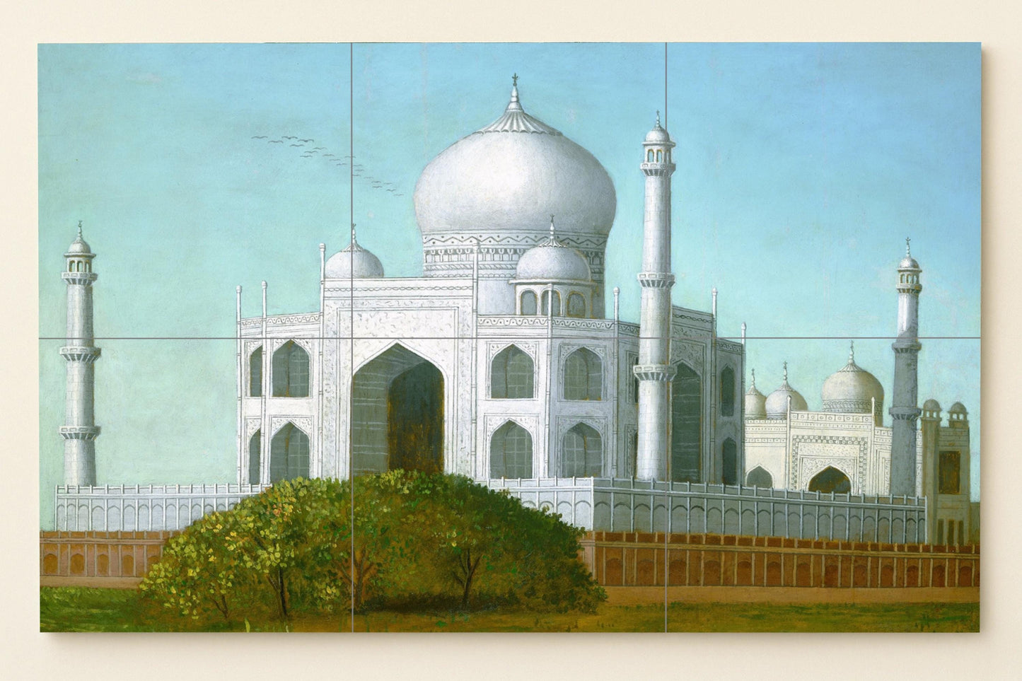 Taj Mahal mural • Indian palace tile mural art • Mughal architectural decoration • White marble dome panel • Monumental pottery from Agra • Indo-Islamic