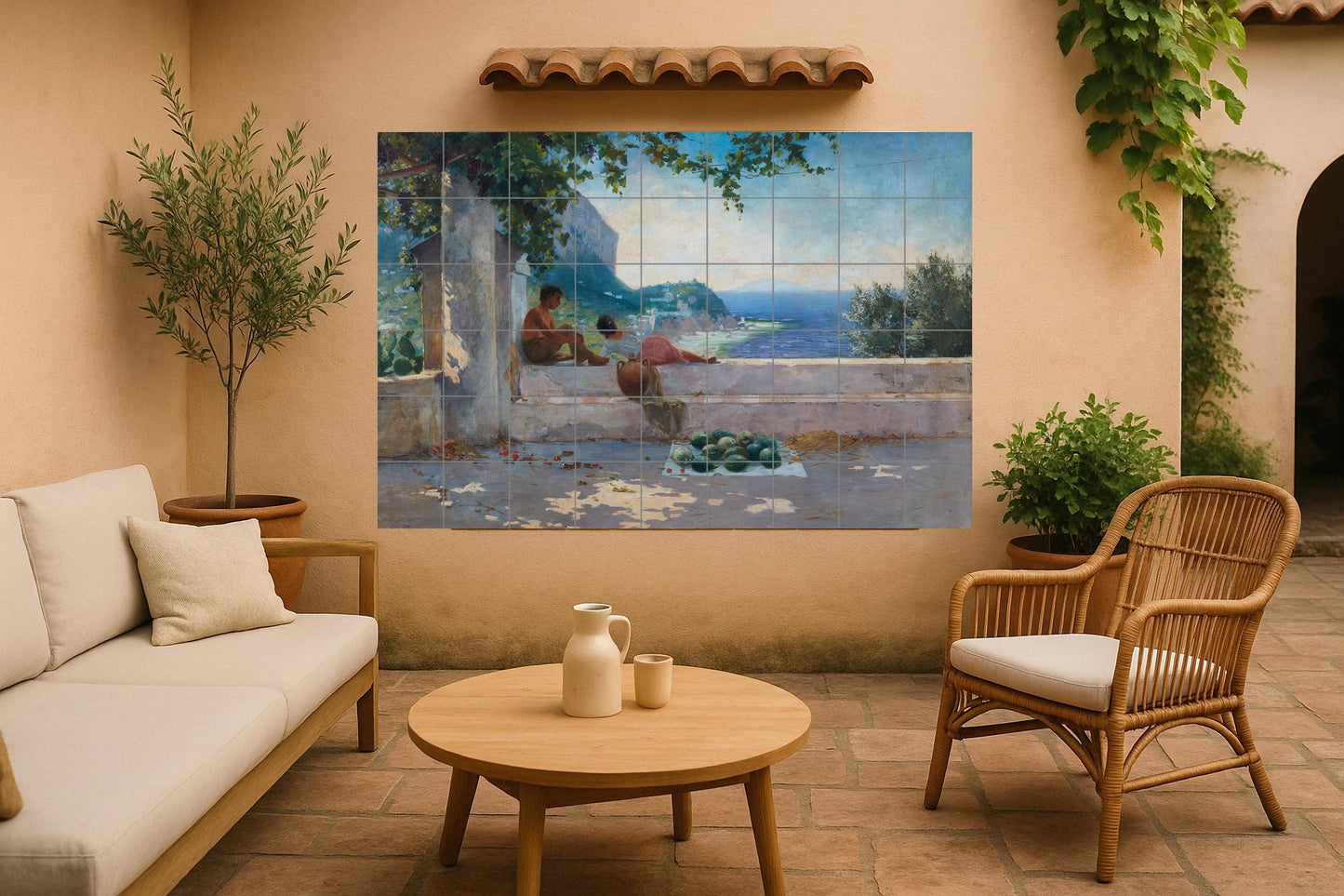 Capri Wall Panel • Italian Coast Tile Wall Art • Mediterranean Summer Decor • Cliffside Terrace Ceramics • Island Sea View Artwork