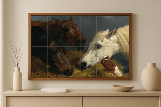 Equine art mural • Classical horse tile mural art • Flemish decoration with animal portraits • Museum-quality realistic panel • European gallery ceramic scene