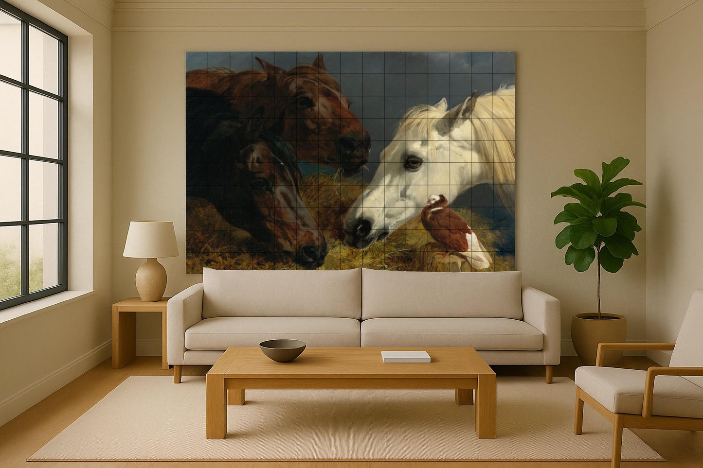Equine art mural • Classical horse tile mural art • Flemish decoration with animal portraits • Museum-quality realistic panel • European gallery ceramic scene