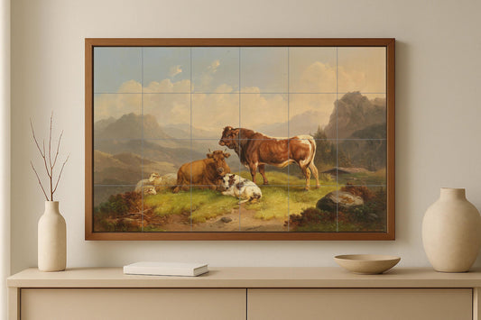 Alpine cow mural • Swiss farm tile wall art • Heidi mountain decor • European herd landscape • Rustic grass ceramic panel • Old World