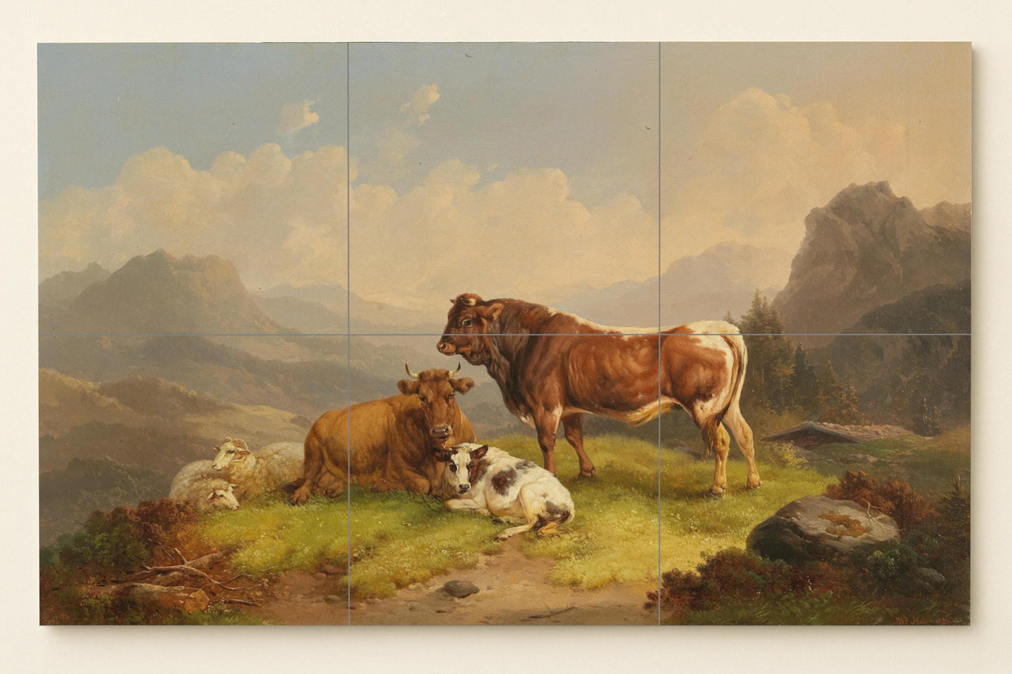 Alpine cow mural • Swiss farm tile wall art • Heidi mountain decor • European herd landscape • Rustic grass ceramic panel • Old World