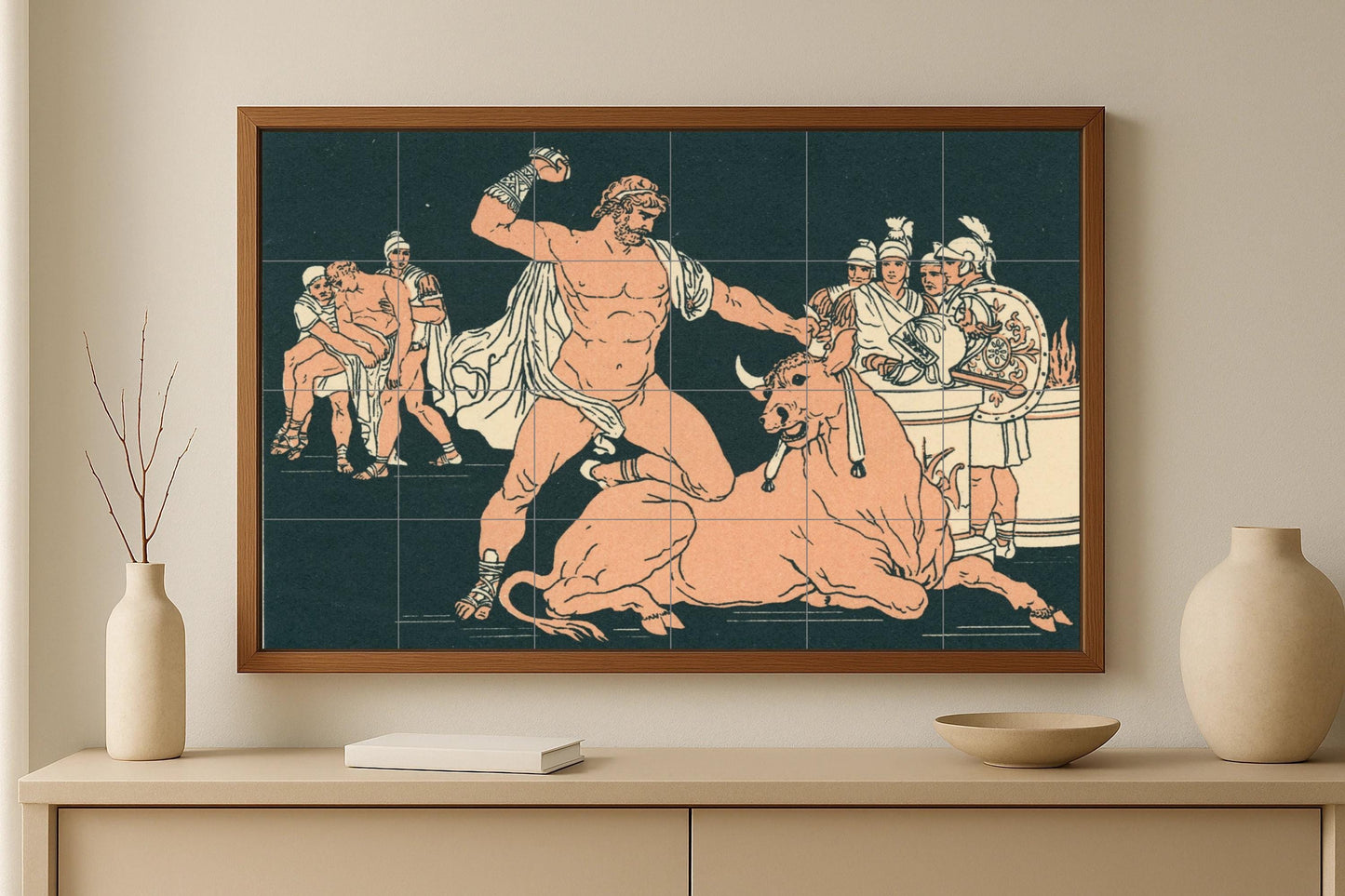 Greek Myths Mural • Heracles and Bulls Tile Art • Ancient Heroes Ceramic Panel • Classical Greek Legends Wall Decor • Hellenic Mythology Mural