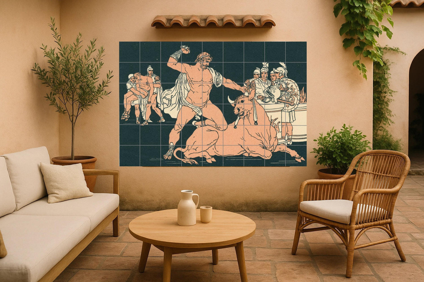 Greek Myths Mural • Heracles and Bulls Tile Art • Ancient Heroes Ceramic Panel • Classical Greek Legends Wall Decor • Hellenic Mythology Mural