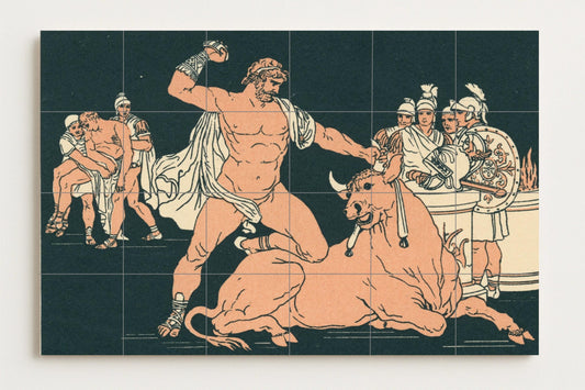 Greek Myths Mural • Heracles and Bulls Tile Art • Ancient Heroes Ceramic Panel • Classical Greek Legends Wall Decor • Hellenic Mythology Mural
