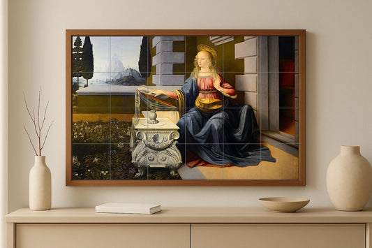 Mural of the Annunciation • Mural art with tiles by Leonardo da Vinci • Renaissance sacred decoration • Panel by an Italian master • Ceramic Marian prayer