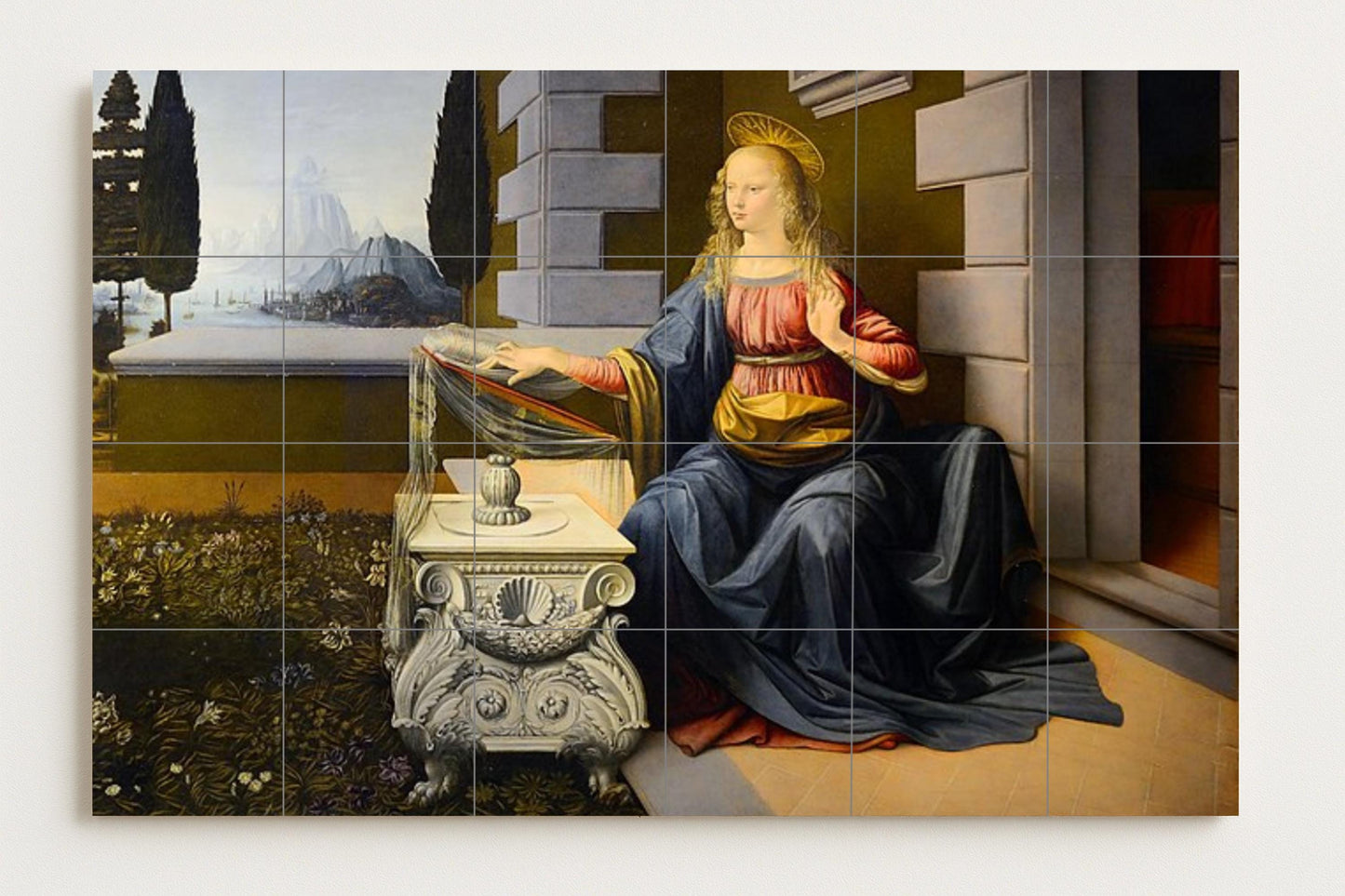 Mural of the Annunciation • Mural art with tiles by Leonardo da Vinci • Renaissance sacred decoration • Panel by an Italian master • Ceramic Marian prayer