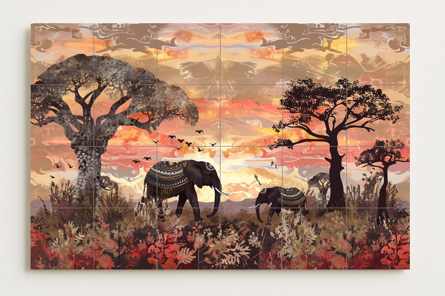 Sacred Elephant Mural • Spiritual Journey Tile Mural Art • Ancestral Pathway Decor • Mystic Savannah Panel • Celestial Tribal Pottery • Heritage Spirit