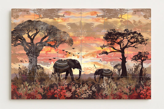Sacred Elephant Mural • Spiritual Journey Tile Mural Art • Ancestral Pathway Decor • Mystic Savannah Panel • Celestial Tribal Pottery • Heritage Spirit