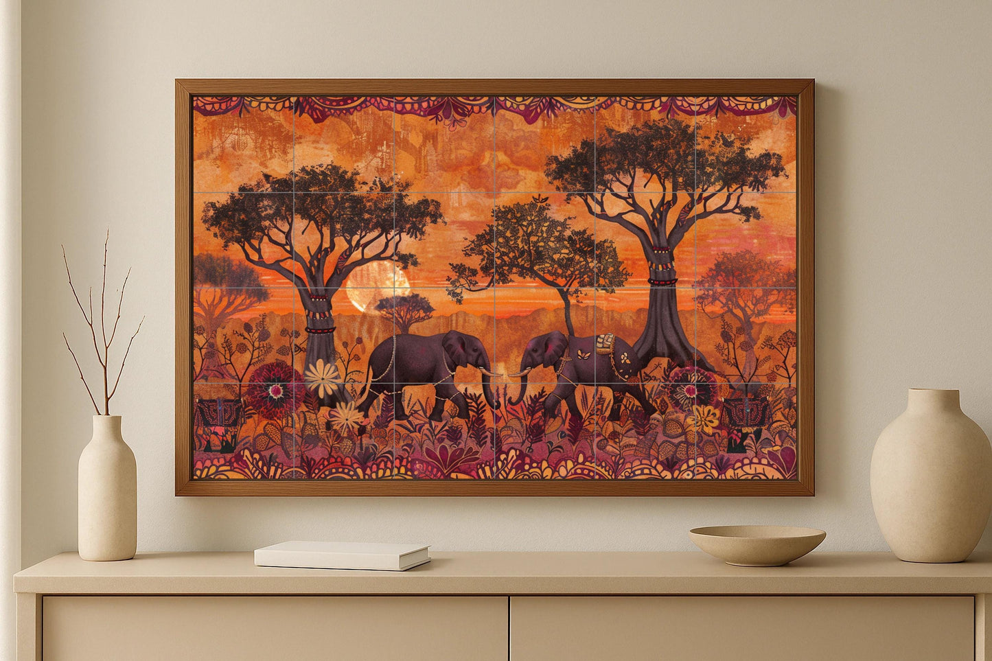 Elephant mural • African wildlife tile mural art • Savannah animal decor • Baobab landscape panel • Safari elegance ceramics • Spirit of nature