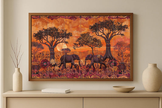 Elephant mural • African wildlife tile mural art • Savannah animal decor • Baobab landscape panel • Safari elegance ceramics • Spirit of nature