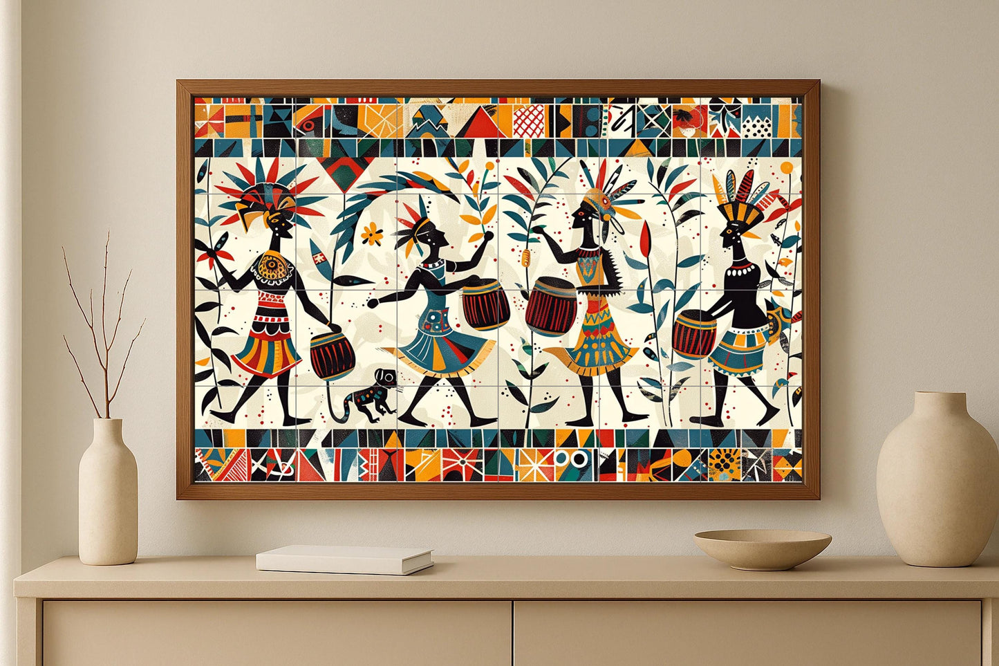 African Tribal Mural • Ancestral Rhythms Tile Mural Art • Black Heritage Decor • Ceremonial Dance Panel • Cultural Drum Pottery • Diaspora Pride