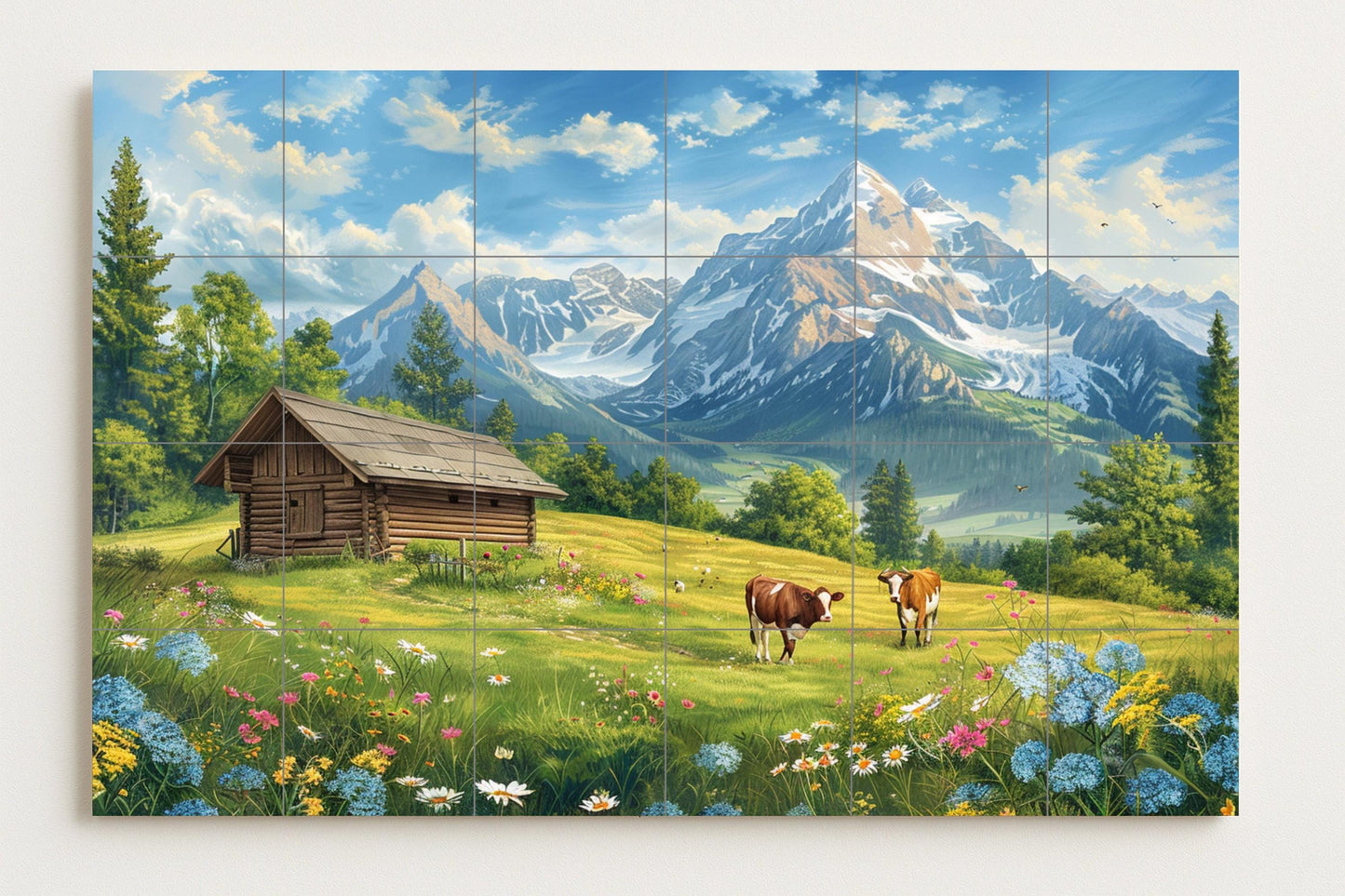 Panorama of Appenzell: Swiss alpine meadow with wooden cabin and cows under the snowy peaks of Säntis, in a ceramic tile mural.