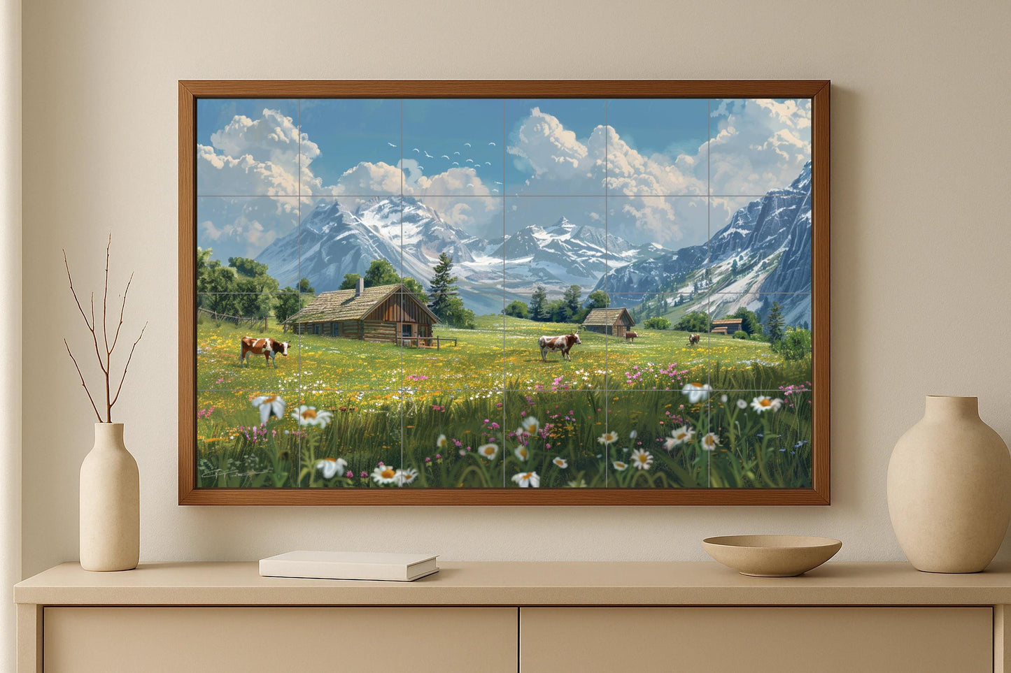 Zermatt Valley Mural • Ceramic Wall Art of the Swiss Alps • Alpine Tile Panel with Cows and Chalets • Snowy Mountain Ceramic Landscape Decoration