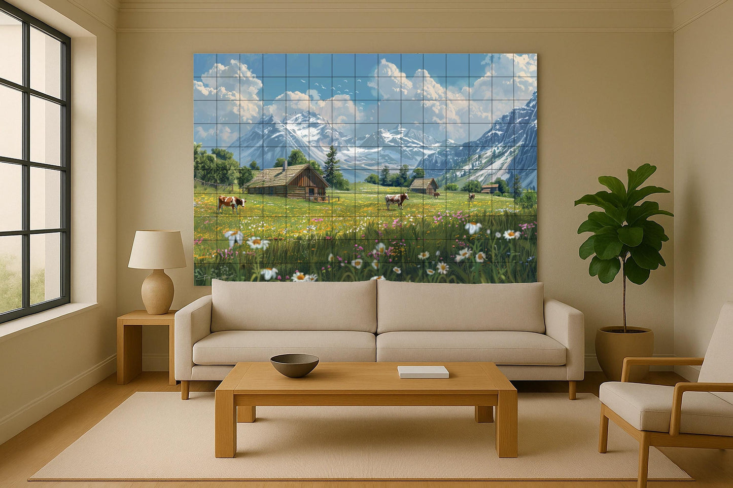 Zermatt Valley Mural • Ceramic Wall Art of the Swiss Alps • Alpine Tile Panel with Cows and Chalets • Snowy Mountain Ceramic Landscape Decoration