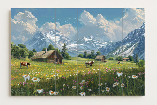 Zermatt Valley Mural • Ceramic Wall Art of the Swiss Alps • Alpine Tile Panel with Cows and Chalets • Snowy Mountain Ceramic Landscape Decoration
