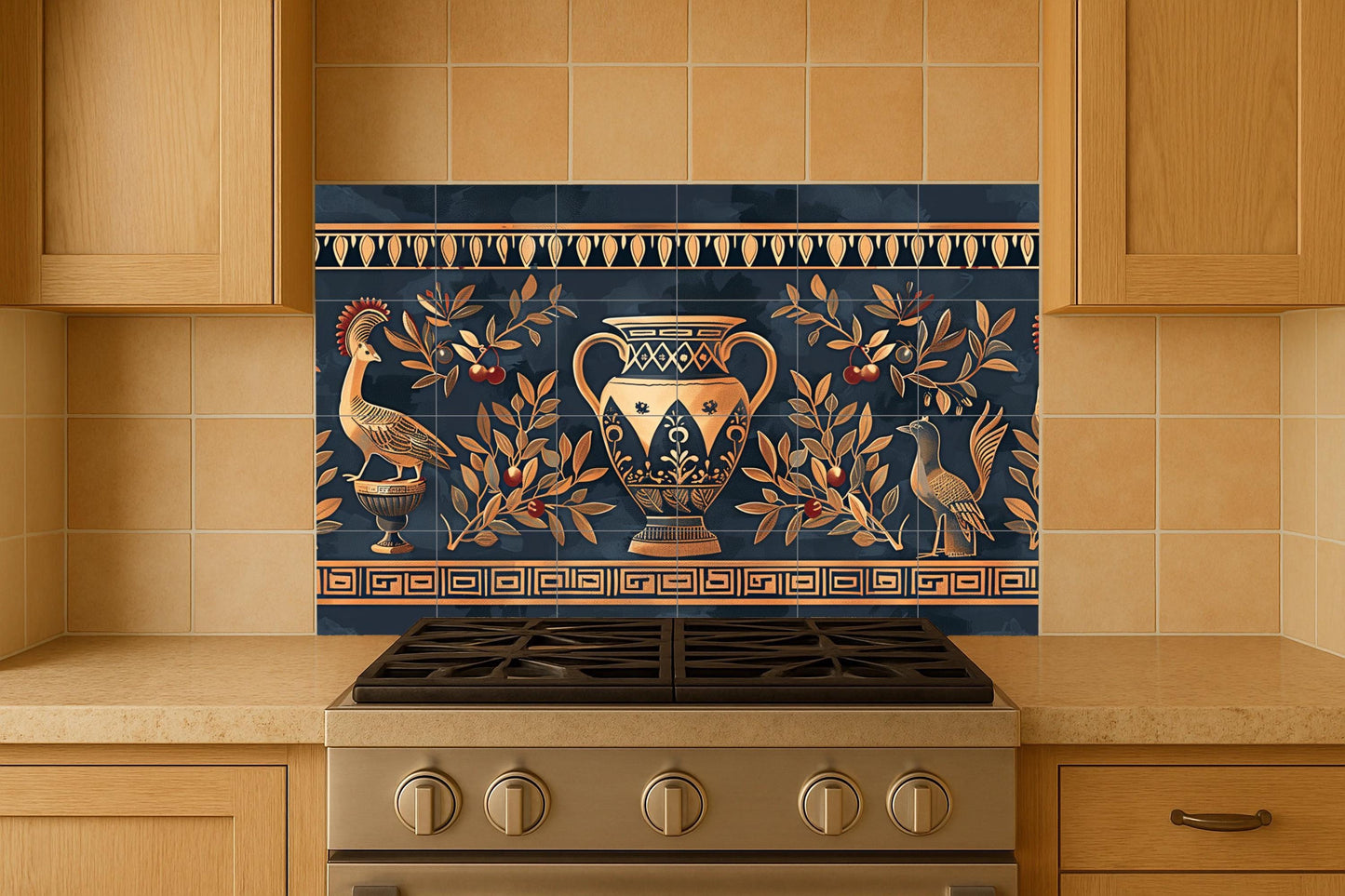 Pompeii mural • Roman frescoed tile mural art • Ancient Italian ceramic panel • Black and gold urn decoration • Olive branch mosaic • Classical villa