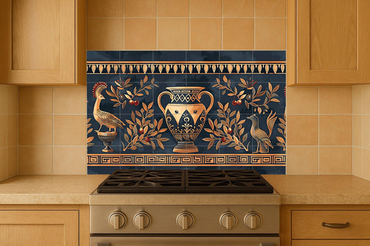 Pompeii mural • Roman frescoed tile mural art • Ancient Italian ceramic panel • Black and gold urn decoration • Olive branch mosaic • Classical villa