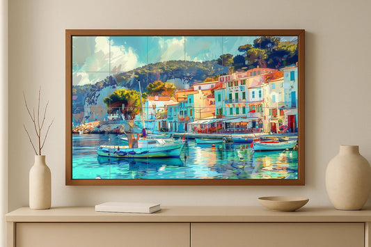 Costa Brava Mural • Catalan Coast Tile Mural Art • Spanish Fishing Village Decoration • Colorful Port Panel • Mediterranean Ceramics • By the Sea