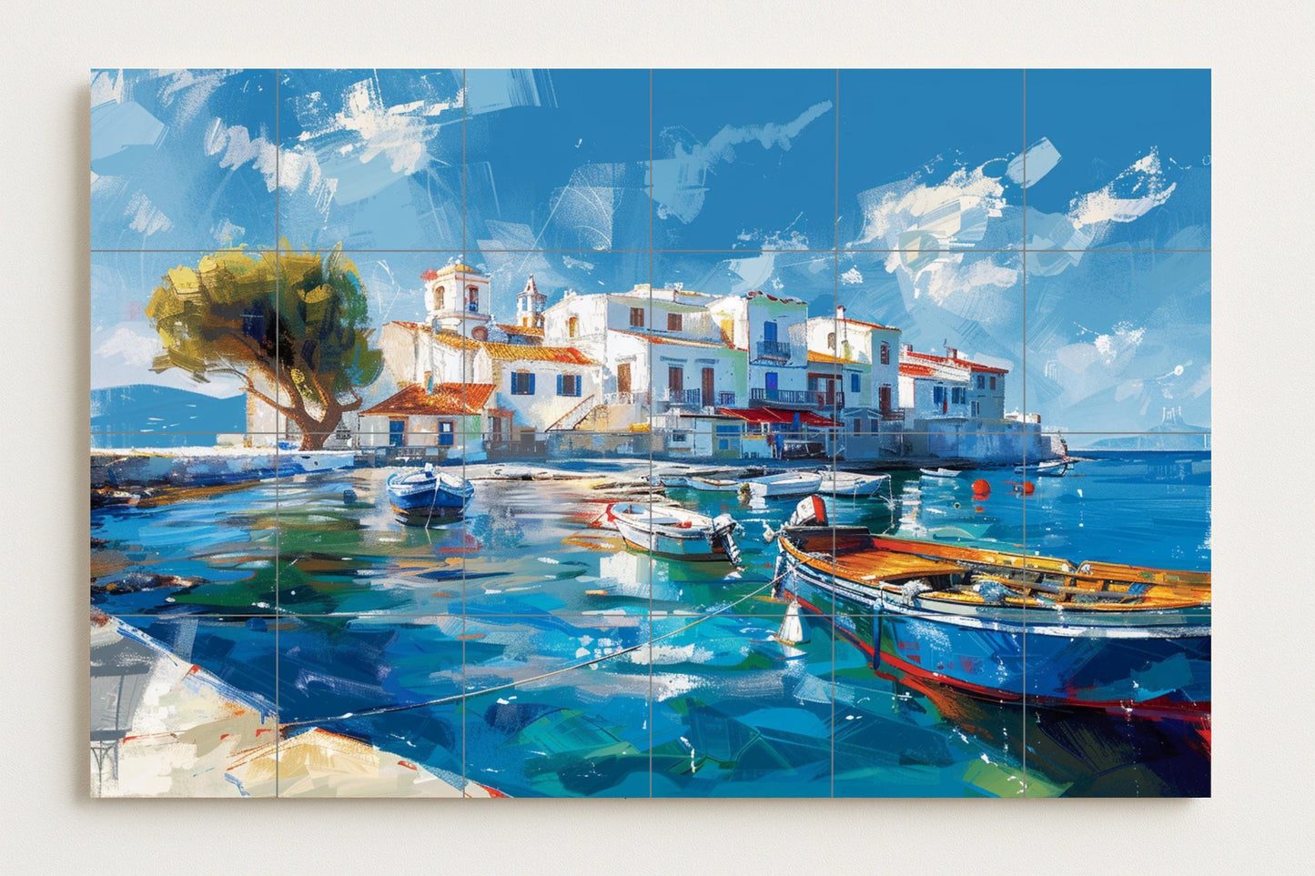 Portofino Mural • Italian Coastal Tile Mural Art • Riviera Harbor Decoration • Ligurian Fishing Panel • Mediterranean Village Pottery • Boat Scene