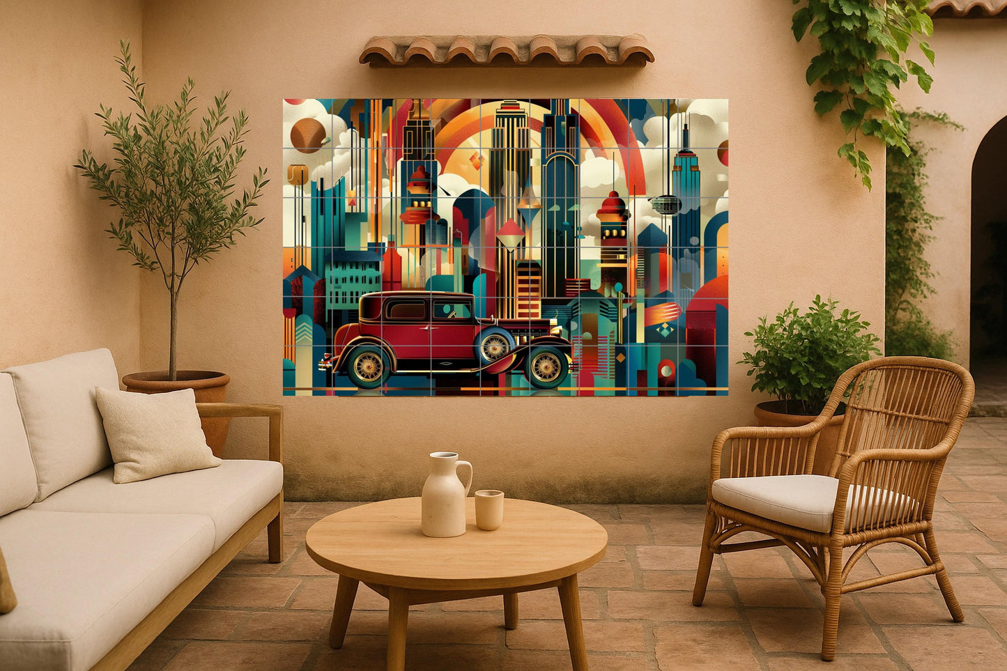 New York Art Deco Mural • Gatsby Skyline Tile Mural • Roaring Twenties Street Decor • Jazz Age Ceramic Panel • Classic Car Scene