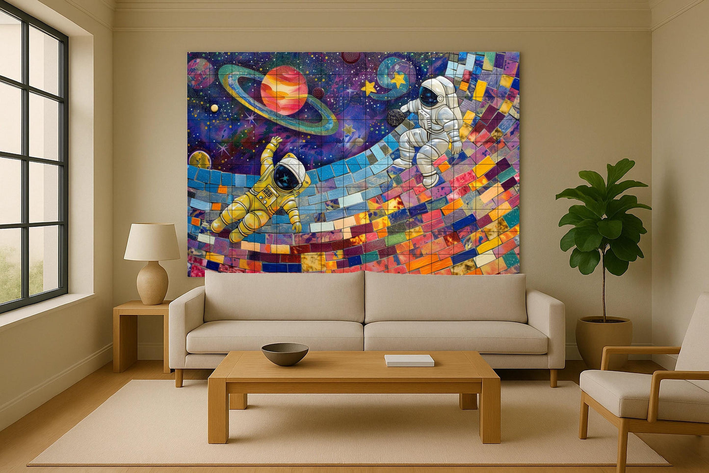 Star Astronaut Mosaic • Vibrant Space Tile Mural with Planets, Stars, and a Rainbow Path • Cosmic Ceramic Wall Art for Dreamers