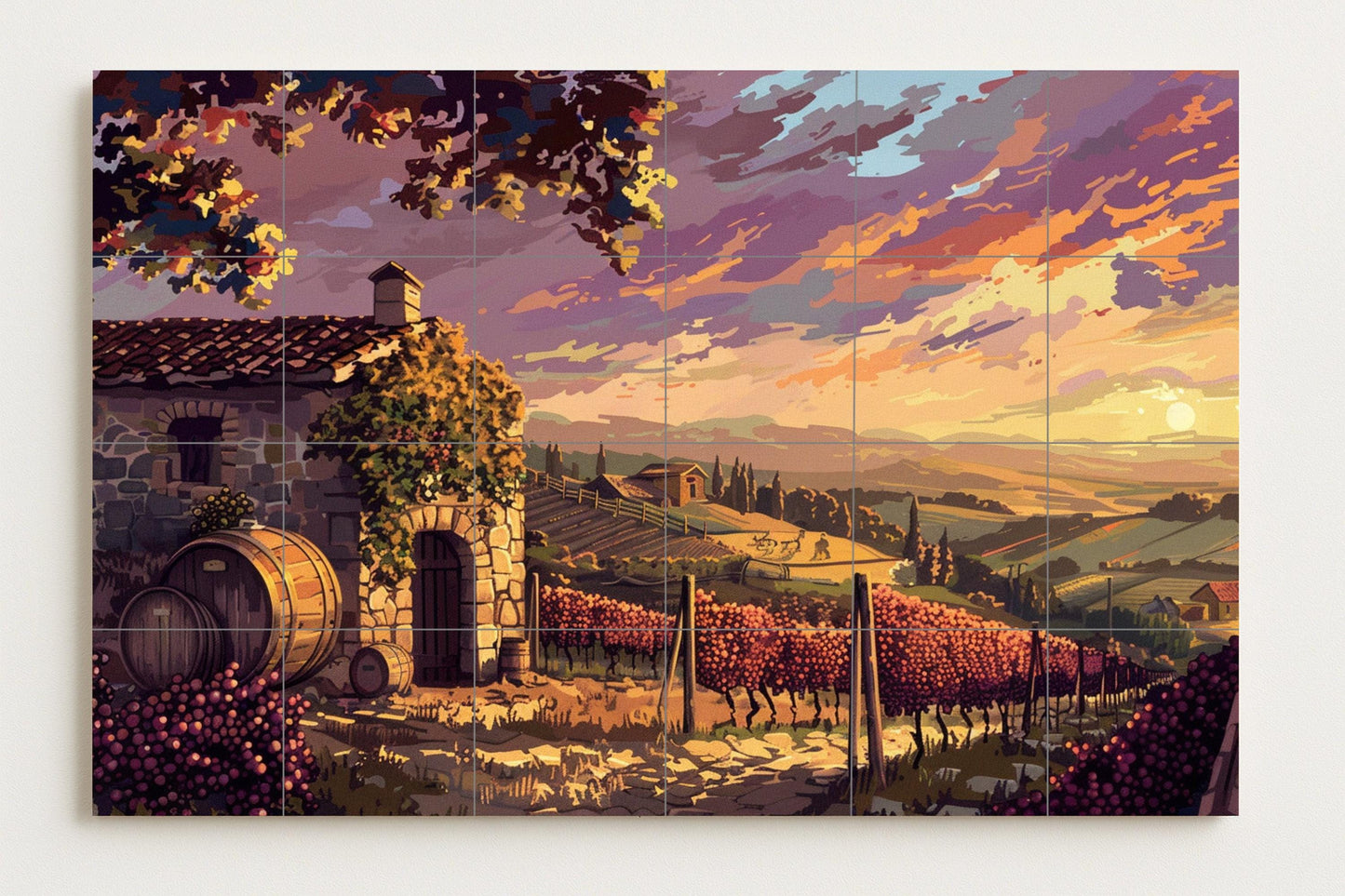 Tile mural with vineyards at sunset in Tuscany • Rustic wine barrels and golden vines • Mediterranean country-style wall art with a soft sunset glow