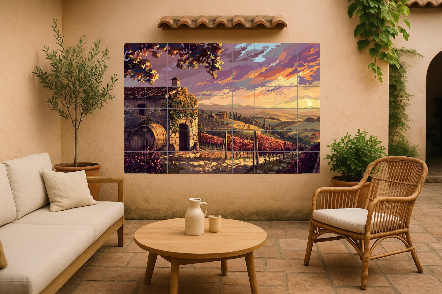 Tile mural with vineyards at sunset in Tuscany • Rustic wine barrels and golden vines • Mediterranean country-style wall art with a soft sunset glow