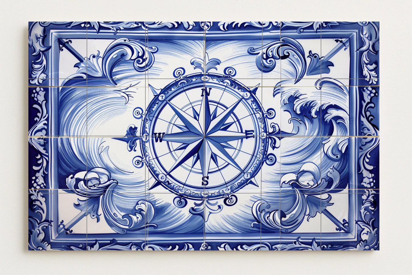 Wall mural with compass rose • Nautical ceramic tile panel • Maritime decor with swirling blue waves • Classic maritime nautical wall art