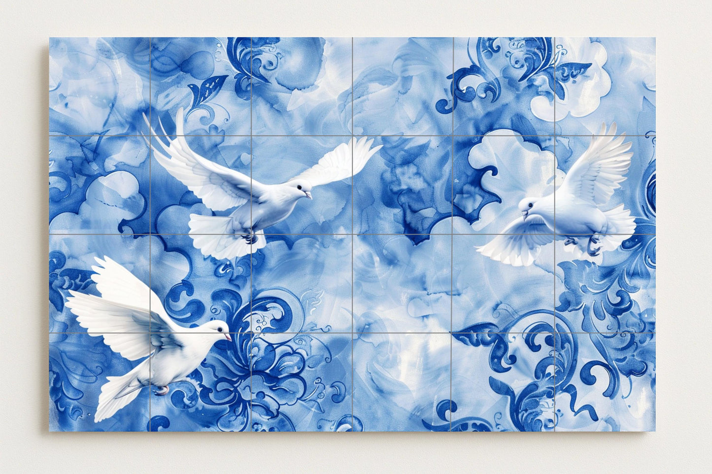 Peace Dove Mural • Wall Art with Flying Dove Tiles • Ceramic Panel with Symbol of Renewal • Serene Blue Decor • Ceramic Scene of Harmony and Healing