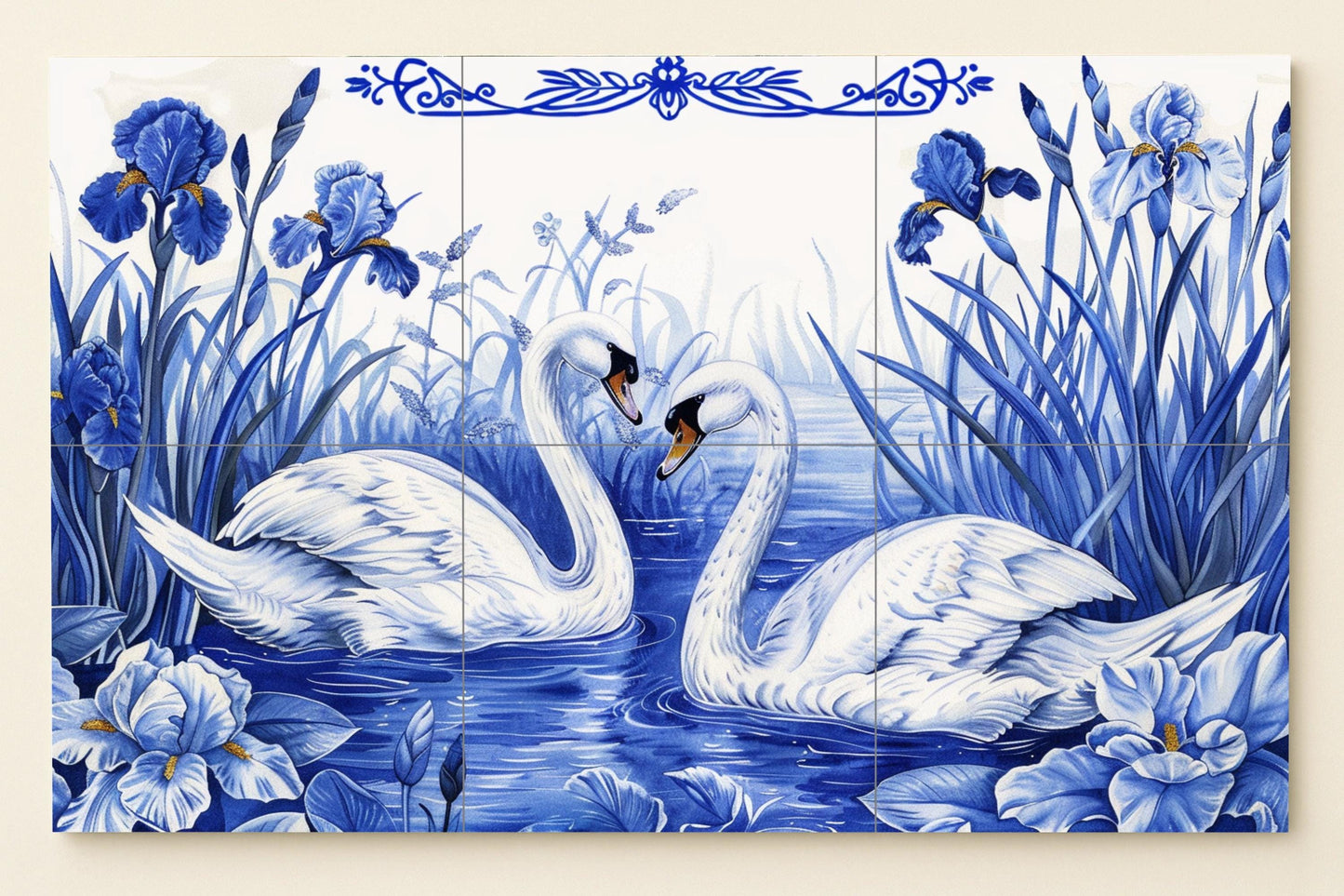 Love mural with swans • Romantic swan couple tile wall art • Ceramic panel with symbol of devotion • Elegant lakeside decor • Blue iris floral scene