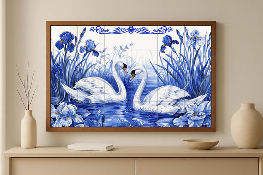 Love mural with swans • Romantic swan couple tile wall art • Ceramic panel with symbol of devotion • Elegant lakeside decor • Blue iris floral scene