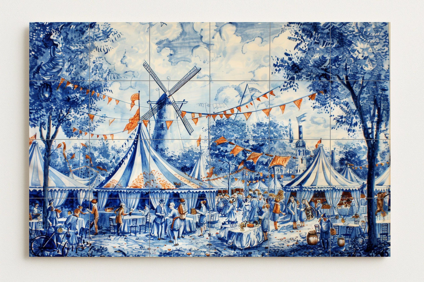 Ceramic mural of an Old World village: Craft market in Delft, with blues and oranges, windmill, baskets and festive details.