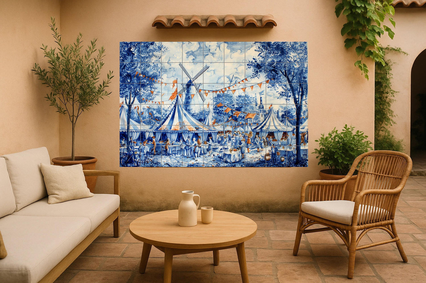 Ceramic mural of an Old World village: Craft market in Delft, with blues and oranges, windmill, baskets and festive details.