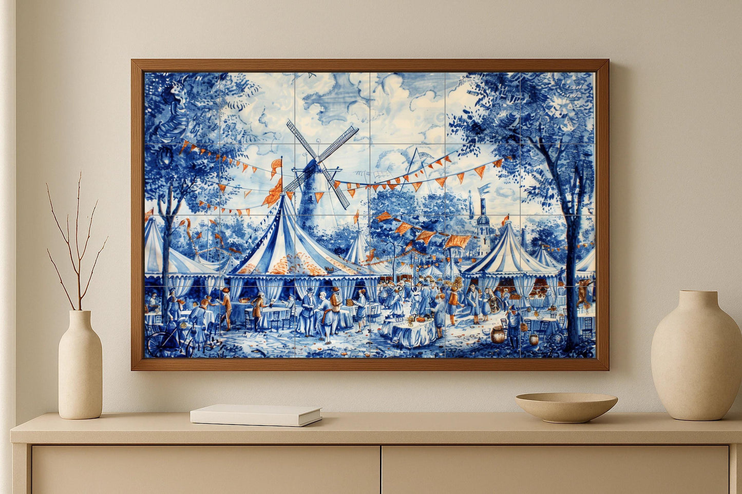 Ceramic mural of an Old World village: Craft market in Delft, with blues and oranges, windmill, baskets and festive details.