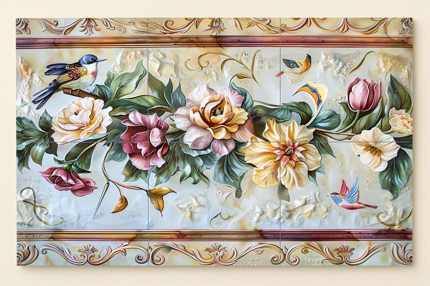 Peaceful Bird Mural • Songbird and Flower Tile Wall Art • Serenity Floral Panel • Tranquil Flight Decor • Garden of Stillness Ceramic Scene