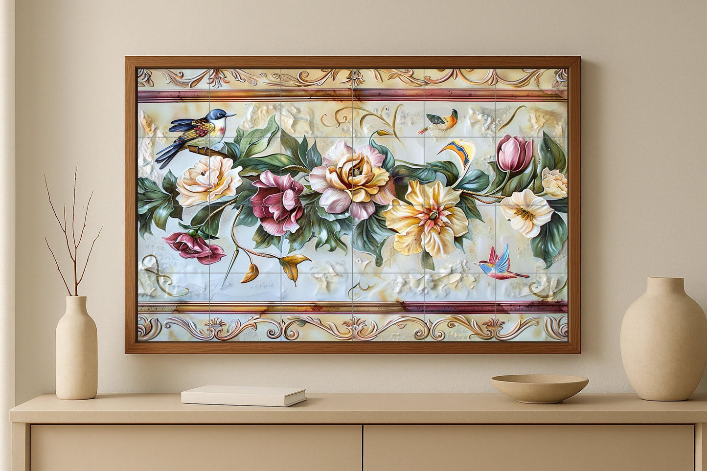 Peaceful Bird Mural • Songbird and Flower Tile Wall Art • Serenity Floral Panel • Tranquil Flight Decor • Garden of Stillness Ceramic Scene