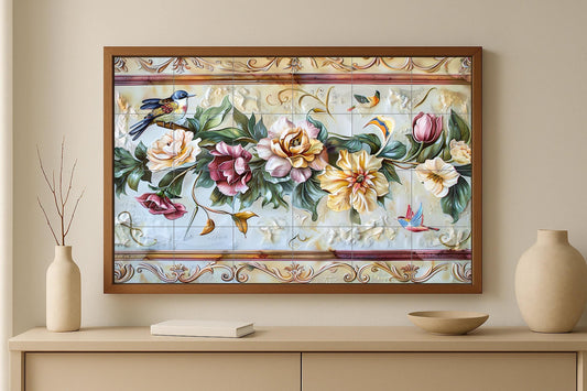 Peaceful Bird Mural • Songbird and Flower Tile Wall Art • Serenity Floral Panel • Tranquil Flight Decor • Garden of Stillness Ceramic Scene
