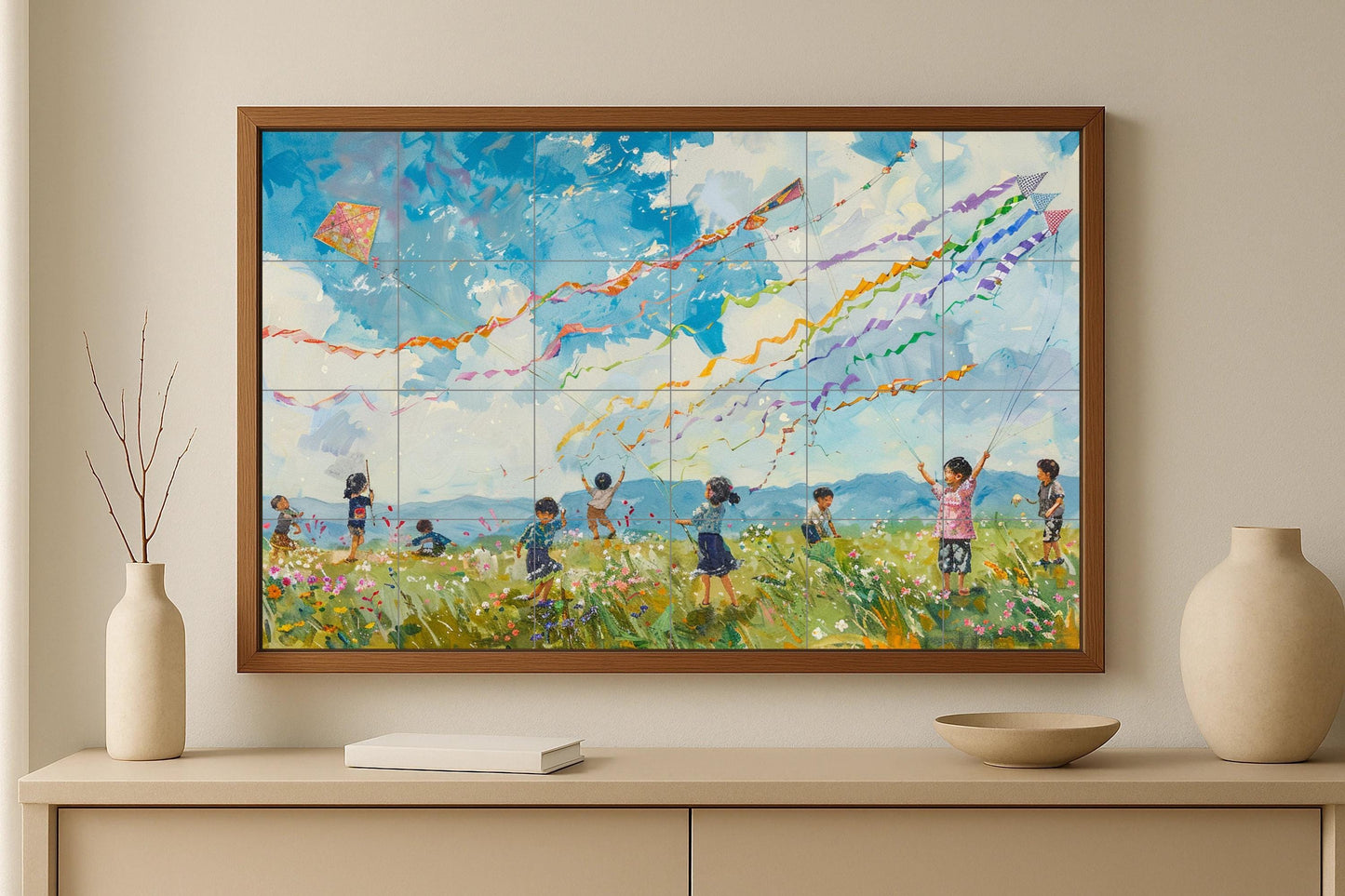 Kodomo no Hi Mural • Japanese Kite Mural Art • Ceramic Panel for Children's Day • Koinobori Sky Decoration • Traditional Spring Tile • Festival Field
