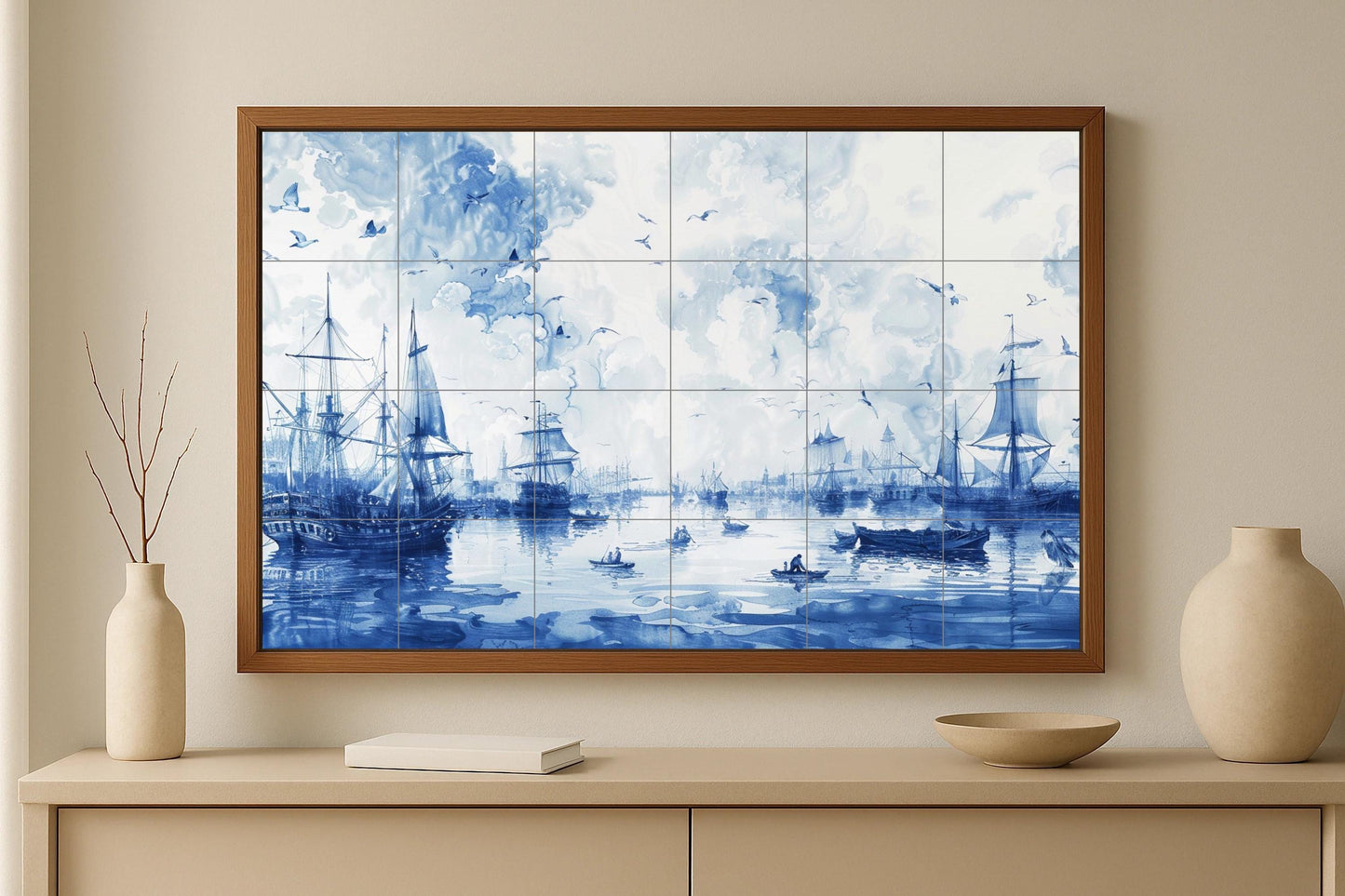 Maritime ceramic mural: Indigo blue port scene with large historic sailing ships and the classic calm of the ocean in Delft tile style.