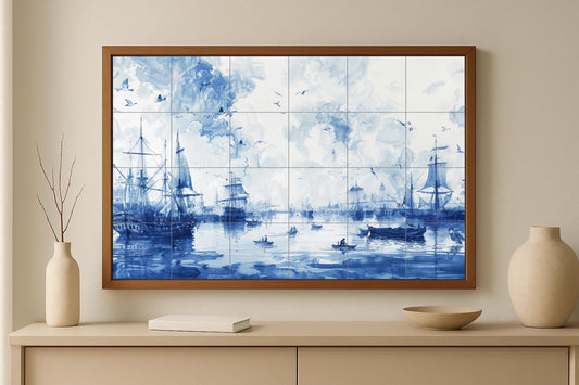 Maritime ceramic mural: Indigo blue port scene with large historic sailing ships and the classic calm of the ocean in Delft tile style.