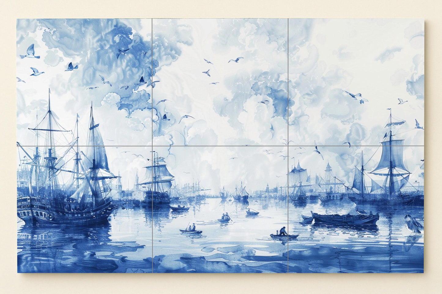 Maritime ceramic mural: Indigo blue port scene with large historic sailing ships and the classic calm of the ocean in Delft tile style.