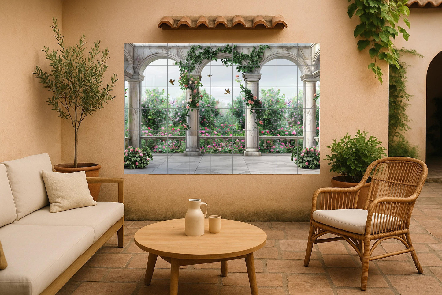 Neoclassical garden mural • Romantic roses and marble arches • Elegant floral wall tile • Classic ceramic panel decoration with columns