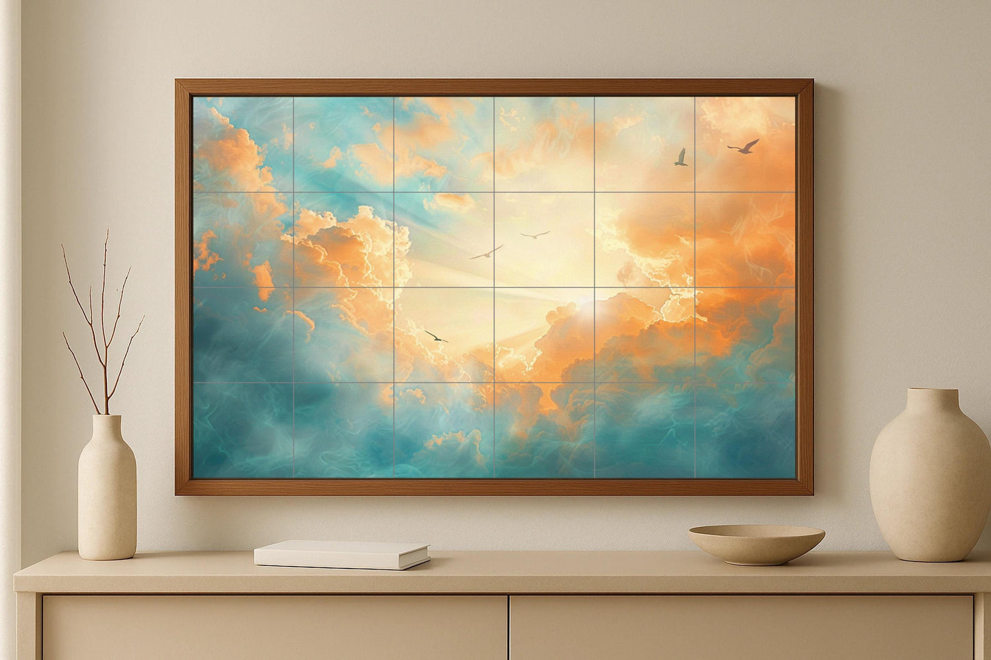 Sacred Sky Mural • Celestial Cloud Tile Wall Art • Spiritual Light Decor • Ethereal Flight Panel • Angelic Ceramic Horizon • Peaceful Sky