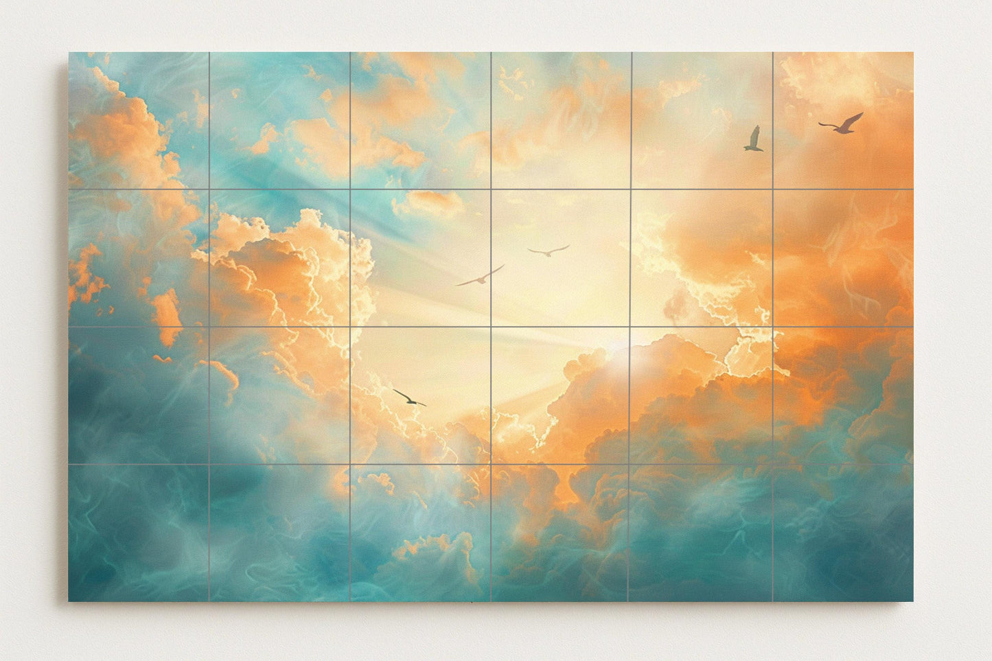 Sacred Sky Mural • Celestial Cloud Tile Wall Art • Spiritual Light Decor • Ethereal Flight Panel • Angelic Ceramic Horizon • Peaceful Sky