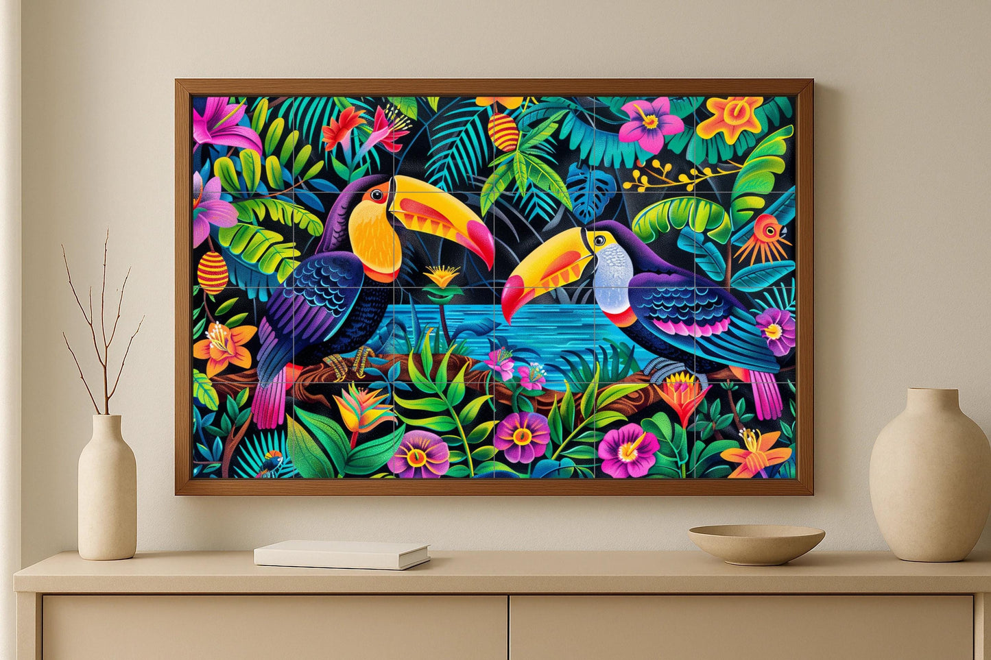 Costa Rican Rainforest Mural • Rainforest Tile Mural Art • Toucan Wildlife Decor • Central American Flora Panel • Exotic Bird Ceramics