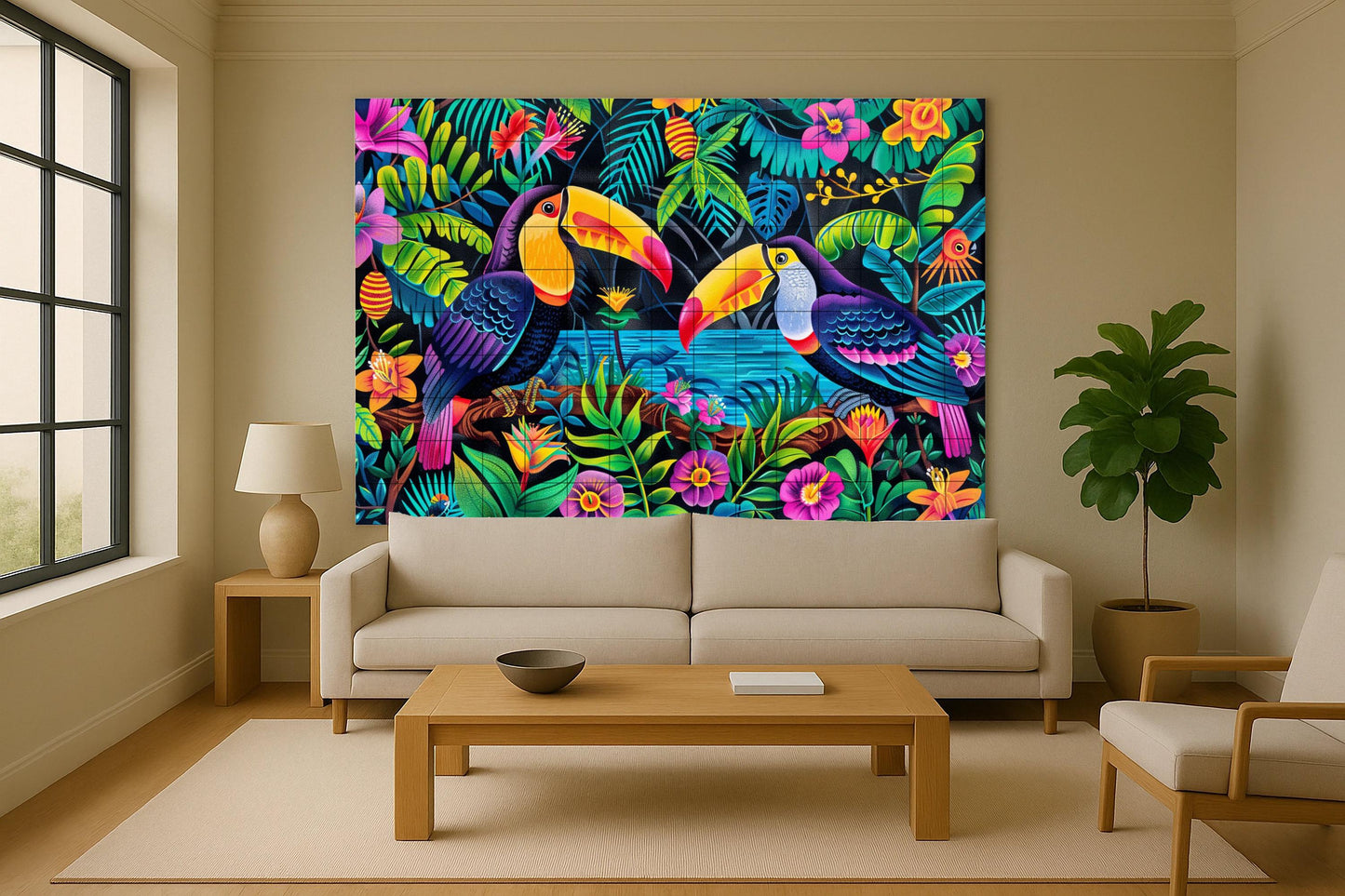 Costa Rican Rainforest Mural • Rainforest Tile Mural Art • Toucan Wildlife Decor • Central American Flora Panel • Exotic Bird Ceramics