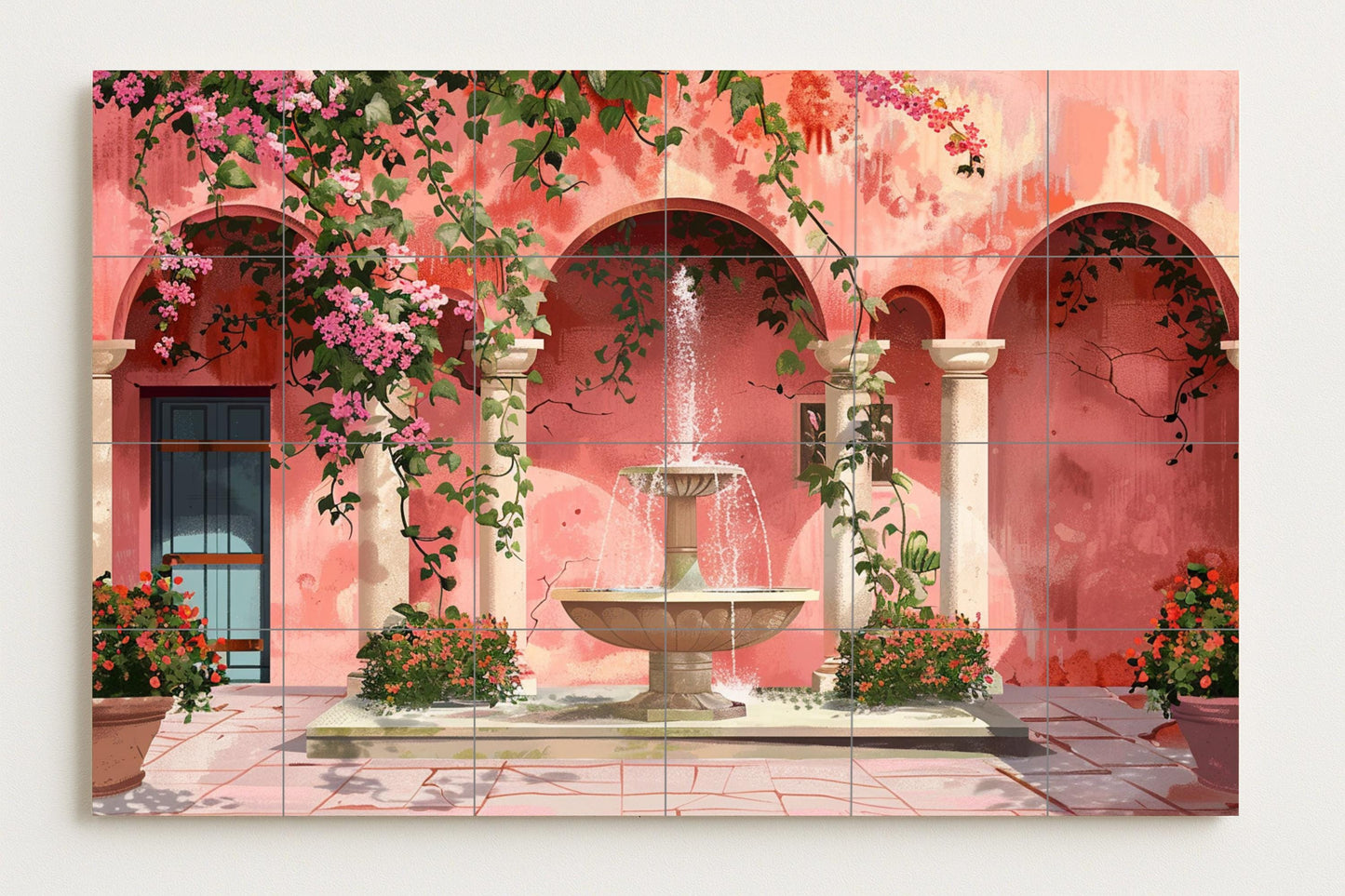 Iberian courtyard mural • Andalusian fountain tile mural • Portuguese courtyard decoration • Flowering arch panel • Heritage garden ceramics • Rose